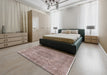 Mid-Century Modern Khaki Rose Pink Oriental Rug in a Bedroom, urb2260