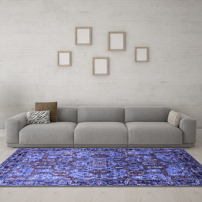 Machine Washable Oriental Blue Traditional Rug in a Living Room, wshurb2265blu
