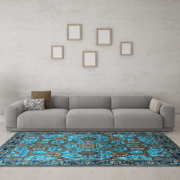 Machine Washable Oriental Light Blue Traditional Rug in a Living Room, wshurb2265lblu