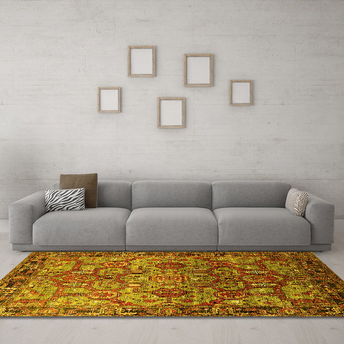 Machine Washable Oriental Yellow Traditional Rug in a Living Room, wshurb2265yw