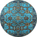 Round Machine Washable Oriental Light Blue Traditional Rug, wshurb2265lblu