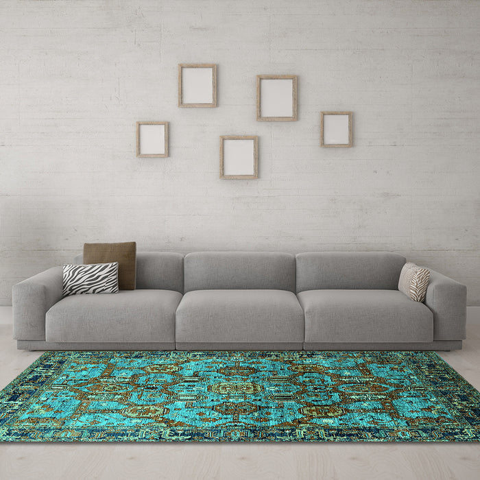 Machine Washable Oriental Turquoise Traditional Area Rugs in a Living Room,, wshurb2265turq