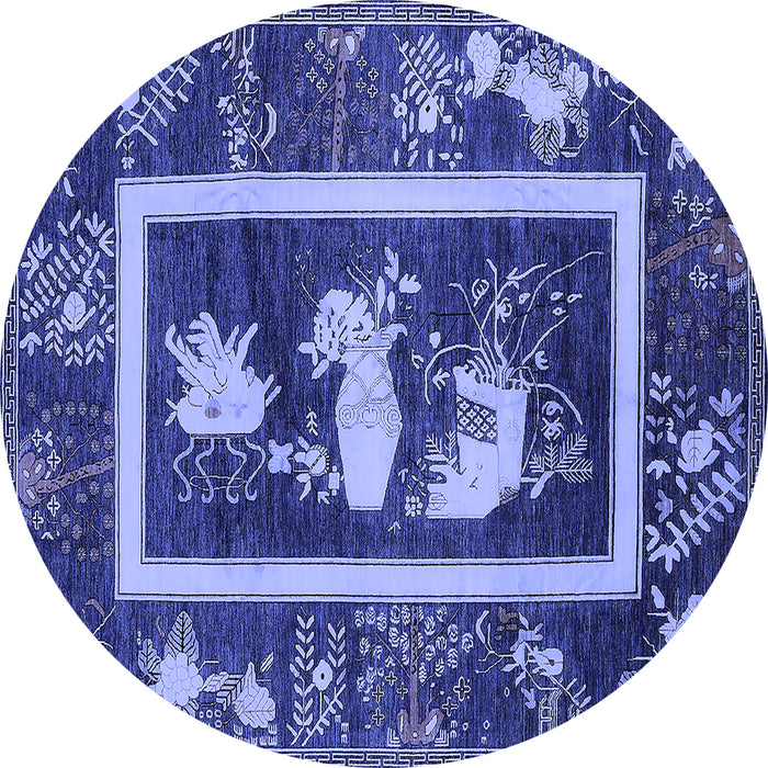 Round Machine Washable Oriental Blue Asian Inspired Rug, wshurb2266blu