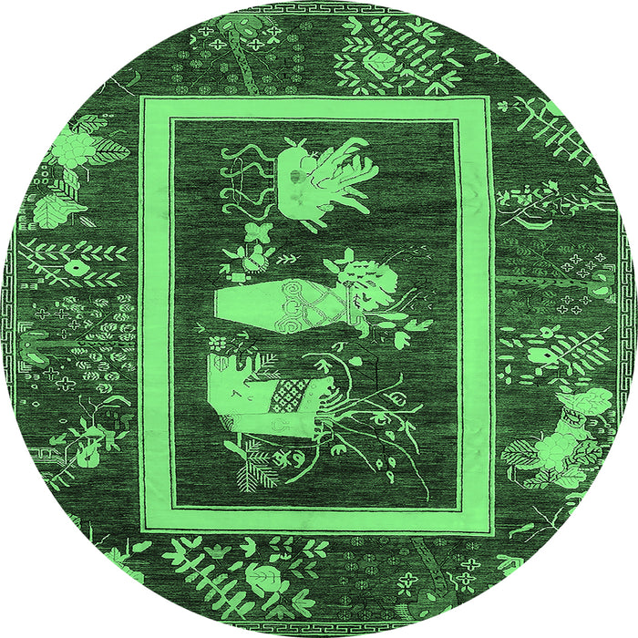 Round Machine Washable Oriental Emerald Green Asian Inspired Area Rugs, wshurb2266emgrn