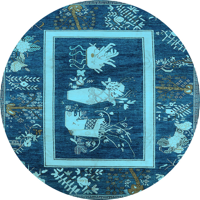 Round Machine Washable Oriental Light Blue Asian Inspired Rug, wshurb2266lblu