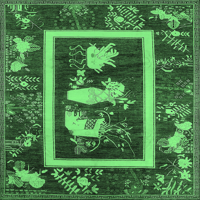 Square Machine Washable Oriental Emerald Green Asian Inspired Area Rugs, wshurb2266emgrn