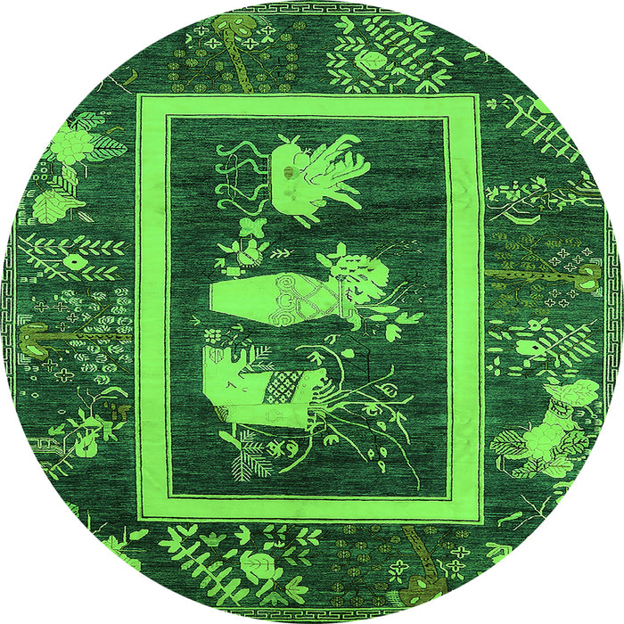 Round Machine Washable Oriental Green Asian Inspired Area Rugs, wshurb2266grn