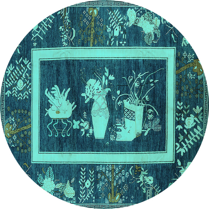 Round Machine Washable Oriental Turquoise Asian Inspired Area Rugs, wshurb2266turq