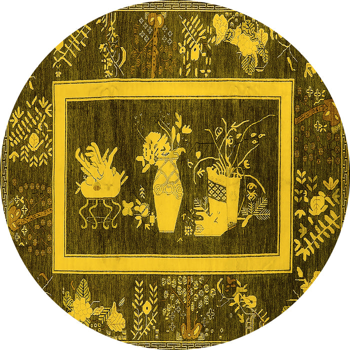 Round Machine Washable Oriental Yellow Asian Inspired Rug, wshurb2266yw