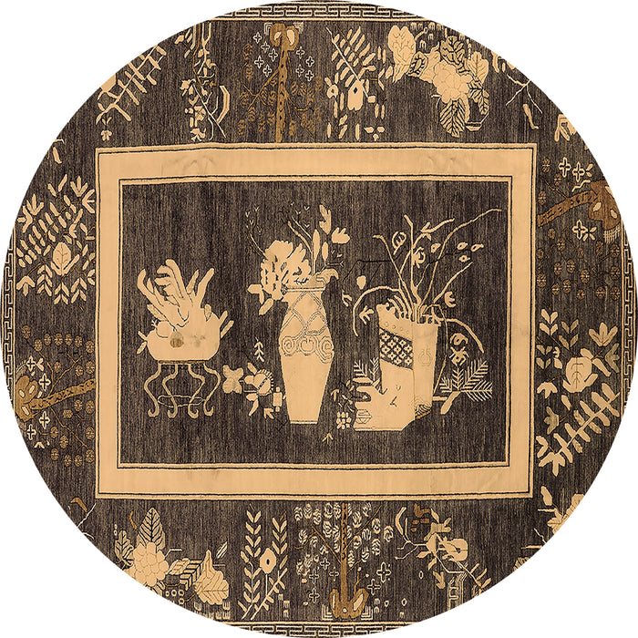 Round Machine Washable Oriental Brown Asian Inspired Rug, wshurb2266brn
