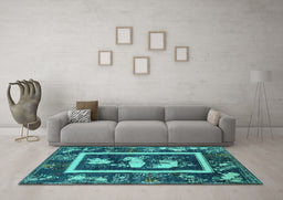 Machine Washable Oriental Turquoise Asian Inspired Area Rugs in a Living Room,, wshurb2266turq
