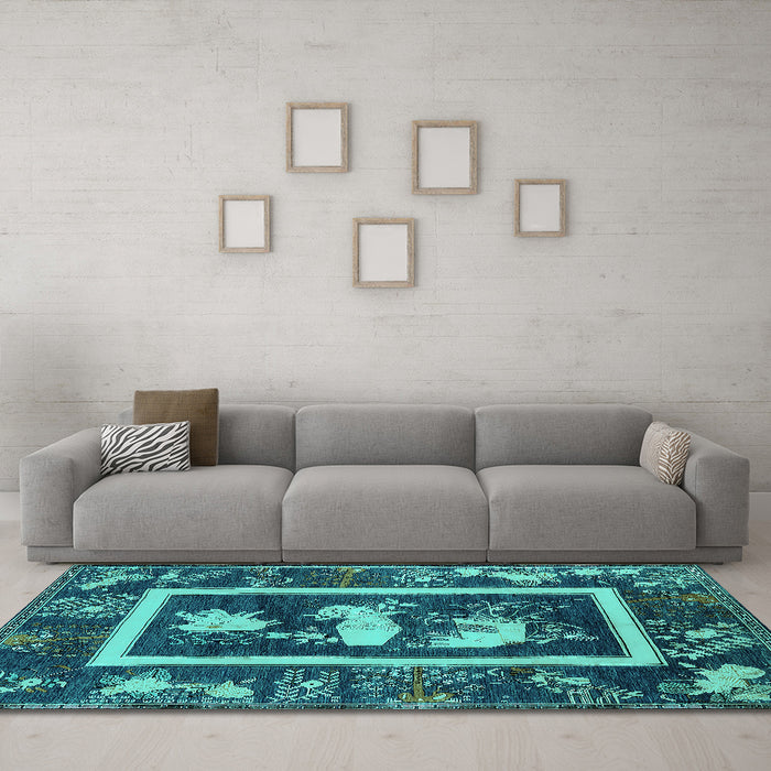 Machine Washable Oriental Turquoise Asian Inspired Area Rugs in a Living Room,, wshurb2266turq