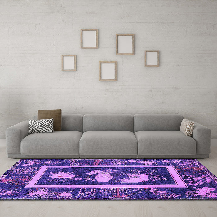 Machine Washable Oriental Purple Asian Inspired Area Rugs in a Living Room, wshurb2266pur