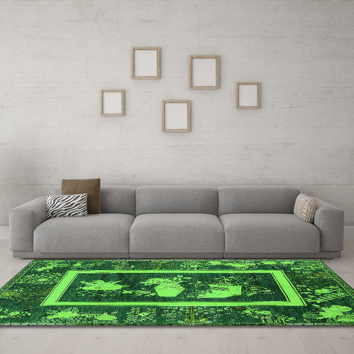 Machine Washable Oriental Green Asian Inspired Area Rugs in a Living Room,, wshurb2266grn