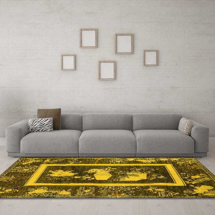 Machine Washable Oriental Yellow Asian Inspired Rug in a Living Room, wshurb2266yw