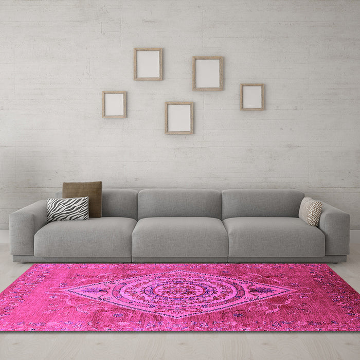 Machine Washable Oriental Pink Industrial Rug in a Living Room, wshurb2267pnk