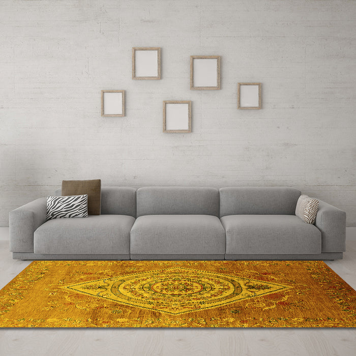 Machine Washable Oriental Yellow Industrial Rug in a Living Room, wshurb2267yw