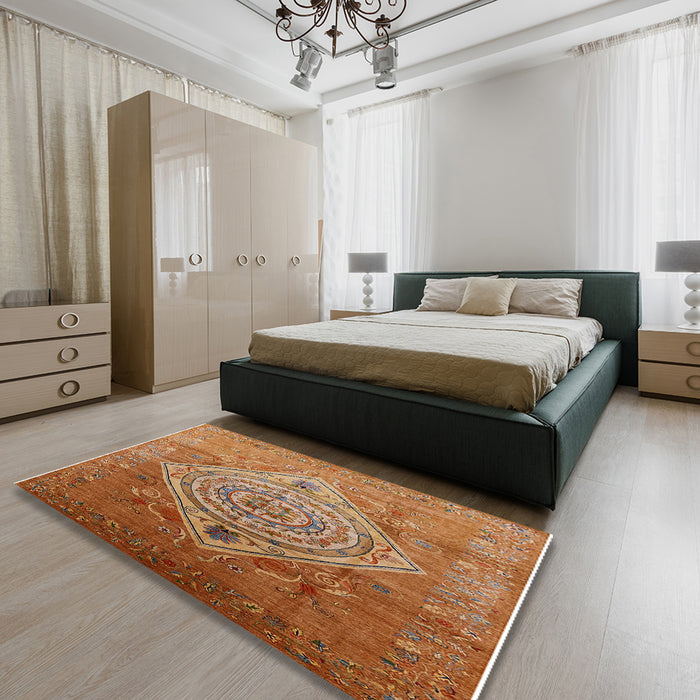 Mid-Century Modern Mahogany Brown Oriental Rug in a Bedroom, urb2267
