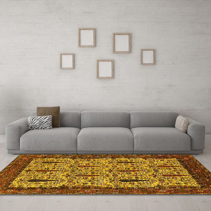 Machine Washable Oriental Yellow Industrial Rug in a Living Room, wshurb2269yw