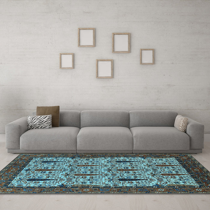 Machine Washable Oriental Light Blue Industrial Rug in a Living Room, wshurb2269lblu