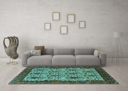 Machine Washable Oriental Turquoise Industrial Area Rugs in a Living Room,, wshurb2269turq