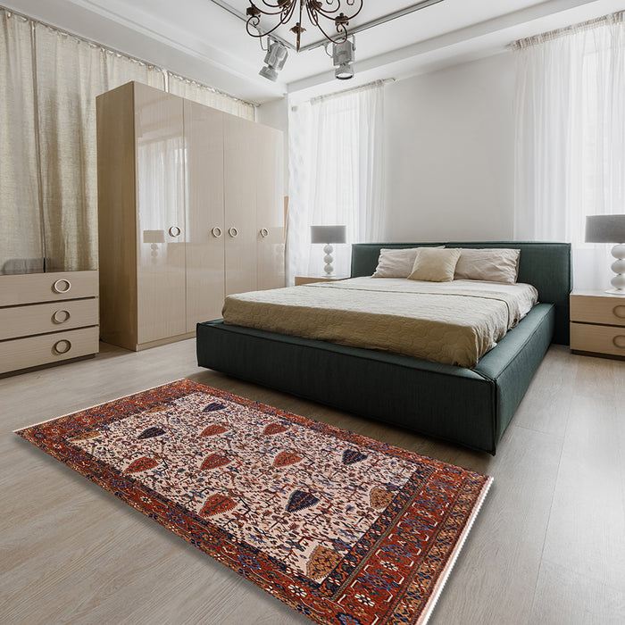 Mid-Century Modern Camel Brown Oriental Rug in a Bedroom, urb2269