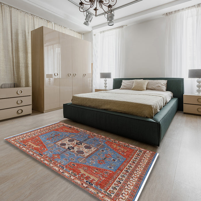 Mid-Century Modern Fire Brick Red Oriental Rug in a Bedroom, urb2271