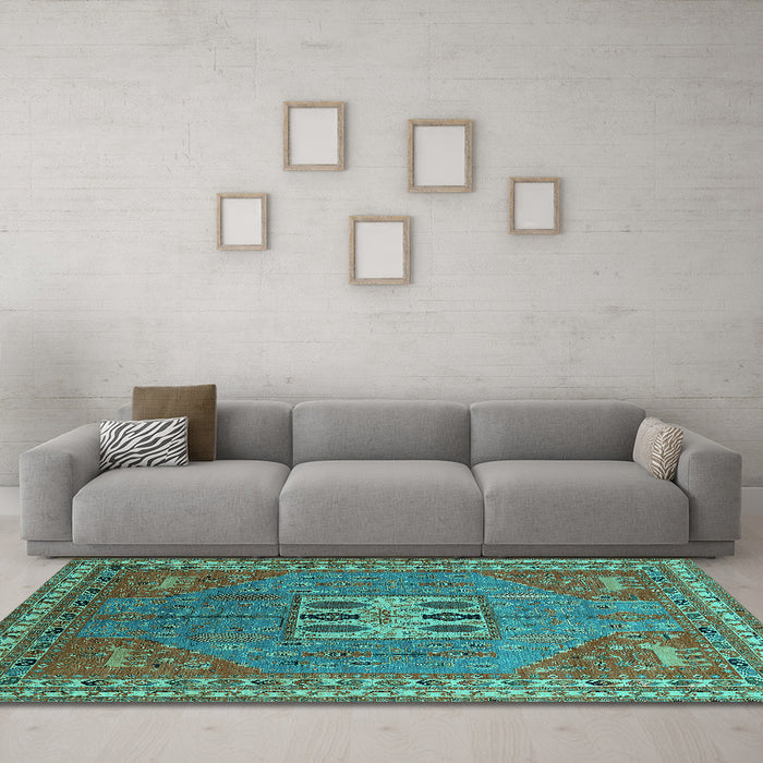 Machine Washable Oriental Turquoise Industrial Area Rugs in a Living Room,, wshurb2271turq