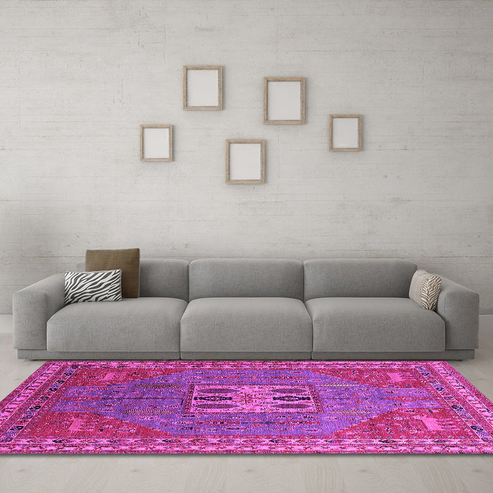 Machine Washable Oriental Pink Industrial Rug in a Living Room, wshurb2271pnk