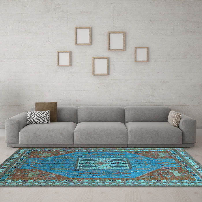 Machine Washable Oriental Light Blue Industrial Rug in a Living Room, wshurb2271lblu