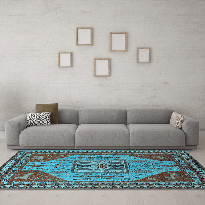 Machine Washable Oriental Light Blue Industrial Rug in a Living Room, wshurb2272lblu