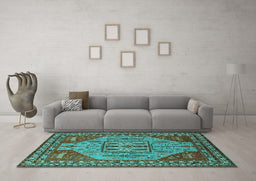 Machine Washable Oriental Turquoise Industrial Area Rugs in a Living Room,, wshurb2272turq