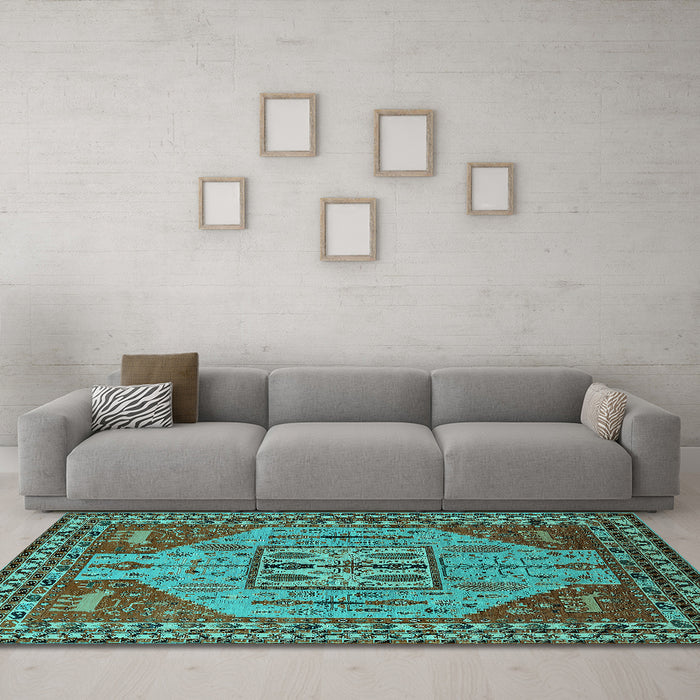 Machine Washable Oriental Turquoise Industrial Area Rugs in a Living Room,, wshurb2272turq