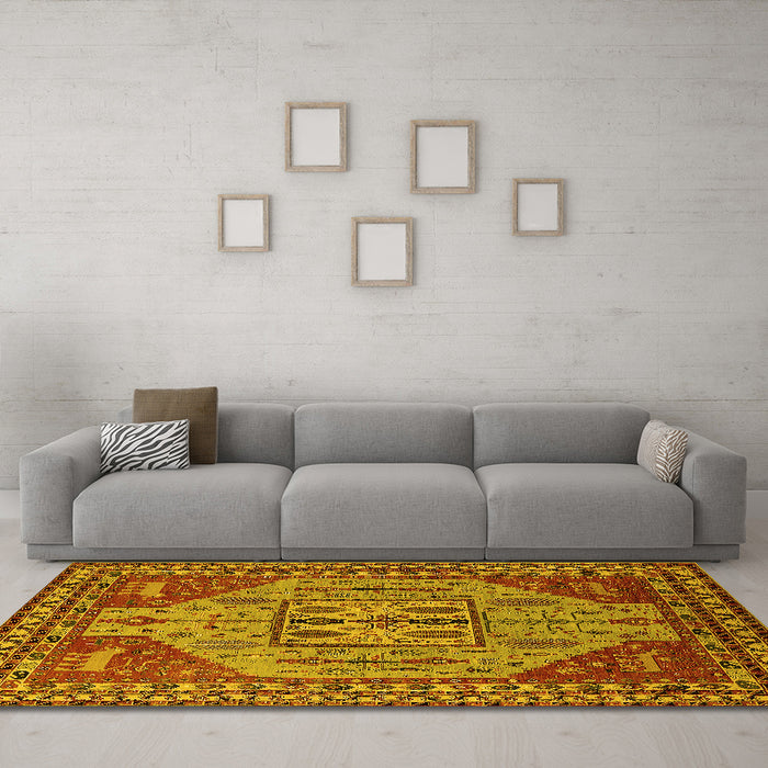 Machine Washable Oriental Yellow Industrial Rug in a Living Room, wshurb2272yw