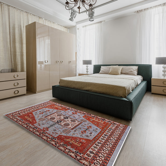 Mid-Century Modern Rosy Brown Pink Oriental Rug in a Bedroom, urb2272