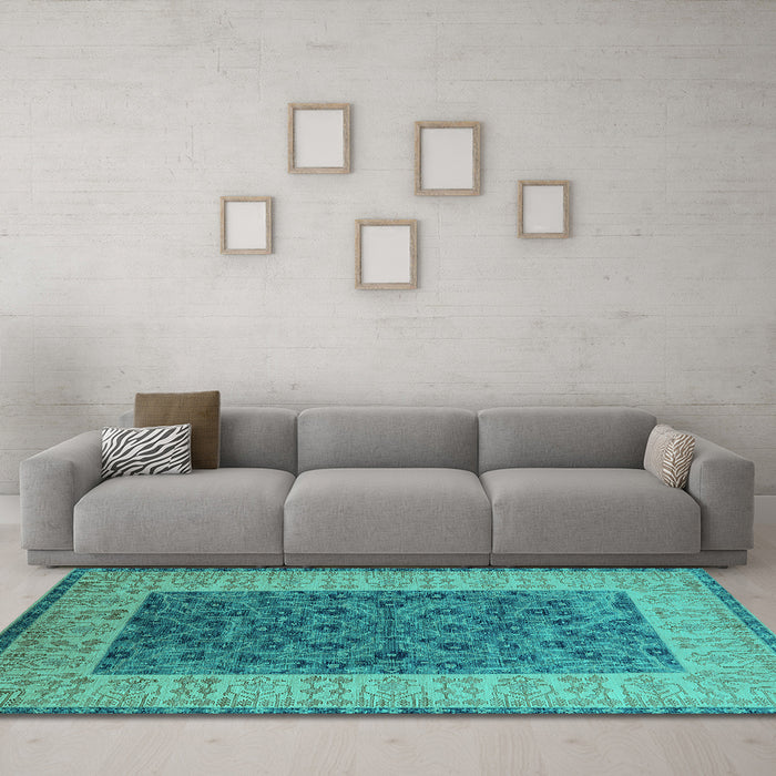 Machine Washable Oriental Turquoise Industrial Area Rugs in a Living Room,, wshurb2276turq