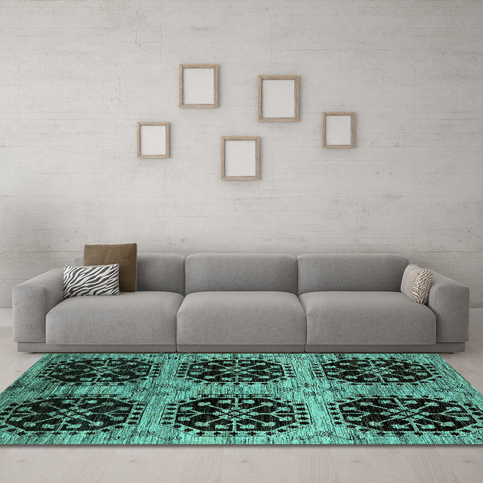 Machine Washable Oriental Turquoise Industrial Area Rugs in a Living Room,, wshurb2279turq