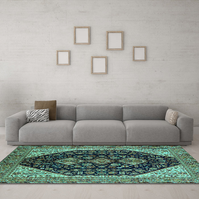 Machine Washable Oriental Turquoise Industrial Area Rugs in a Living Room,, wshurb2282turq