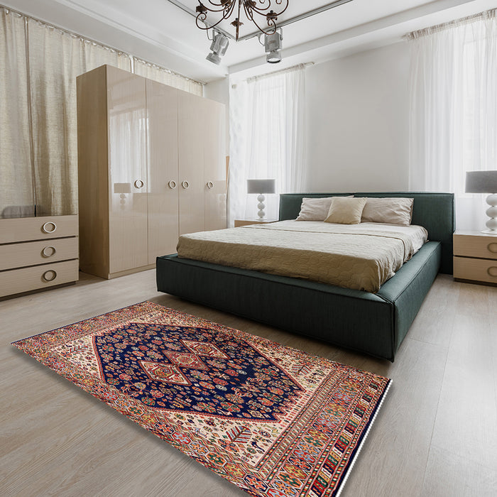 Mid-Century Modern Camel Brown Oriental Rug in a Bedroom, urb2282