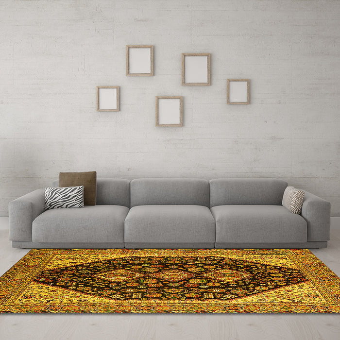 Machine Washable Oriental Yellow Industrial Rug in a Living Room, wshurb2282yw