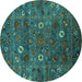 Round Machine Washable Oriental Turquoise Traditional Area Rugs, wshurb2285turq