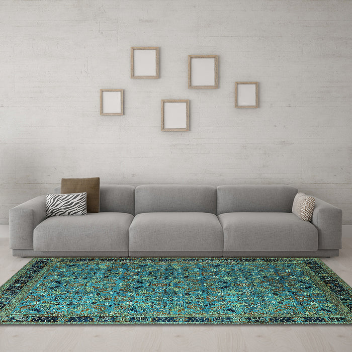 Machine Washable Oriental Turquoise Traditional Area Rugs in a Living Room,, wshurb2286turq