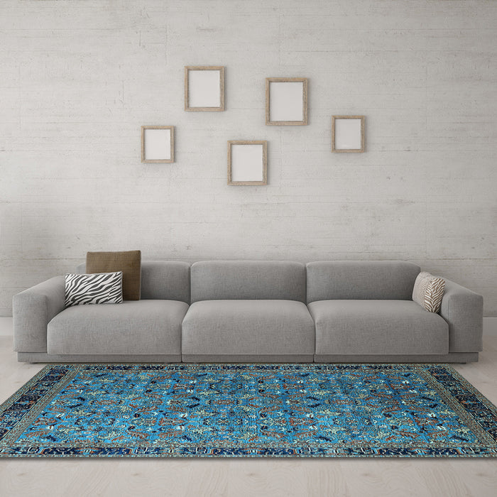 Machine Washable Oriental Light Blue Traditional Rug in a Living Room, wshurb2286lblu