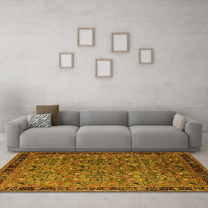 Machine Washable Oriental Yellow Traditional Rug in a Living Room, wshurb2286yw
