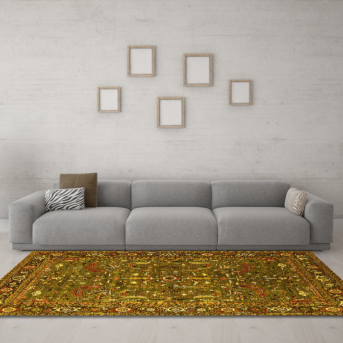Machine Washable Oriental Yellow Traditional Rug in a Living Room, wshurb2287yw