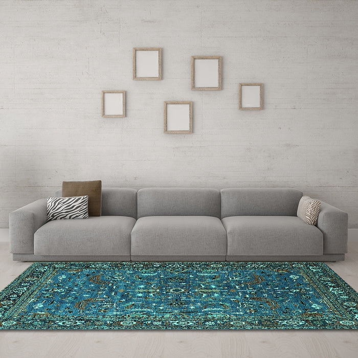 Machine Washable Oriental Turquoise Traditional Area Rugs in a Living Room,, wshurb2287turq