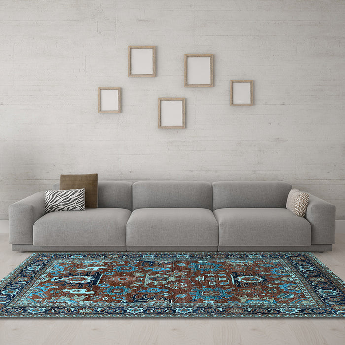Machine Washable Oriental Light Blue Industrial Rug in a Living Room, wshurb2288lblu