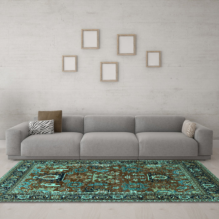 Machine Washable Oriental Turquoise Industrial Area Rugs in a Living Room,, wshurb2288turq