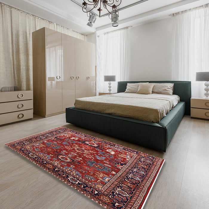 Mid-Century Modern Cranberry Red Oriental Rug in a Bedroom, urb2288