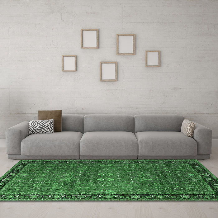 Machine Washable Oriental Emerald Green Industrial Area Rugs in a Living Room,, wshurb2289emgrn